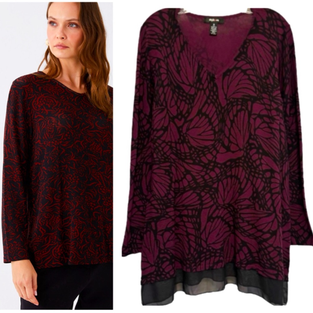 Butterfly Print Knit Tunic Top Lightweight Maroon Burgundy Black Size Medium